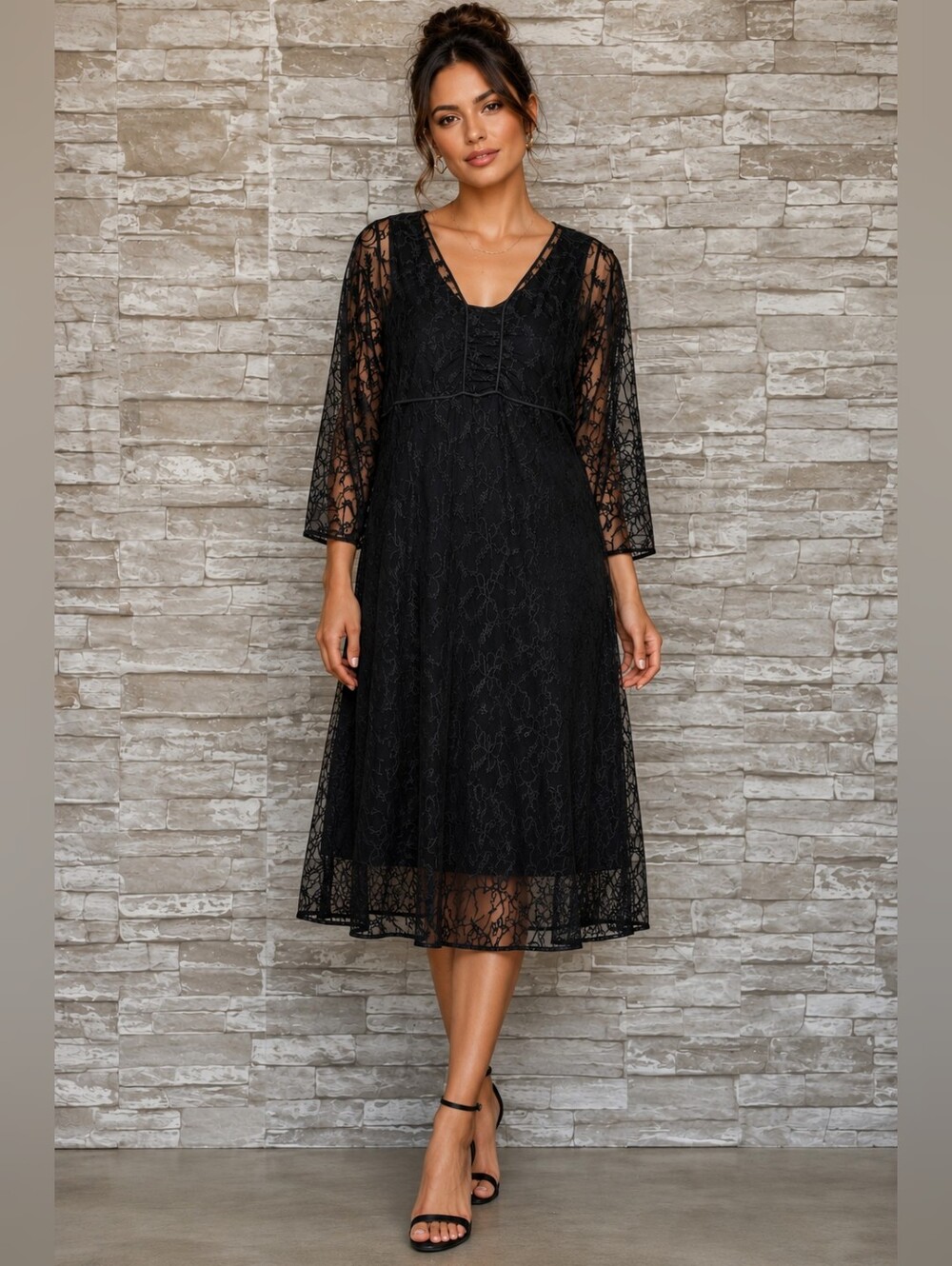 Black Midi Dress With A Sheer Lace Overlay Babydoll Witchy Formal Fairy Pullover